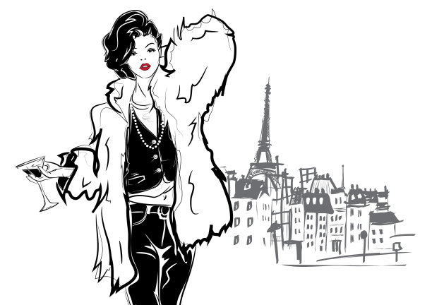 素描中的时尚女孩喝着一杯放松一下图片下载