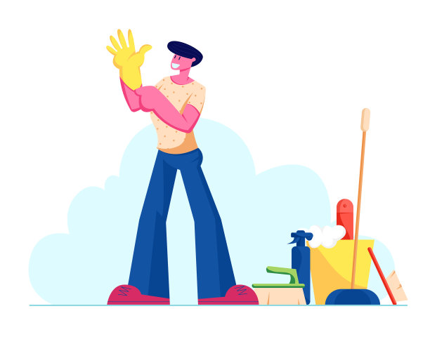 年轻人把黄色橡胶手套戴在手架上图片下载