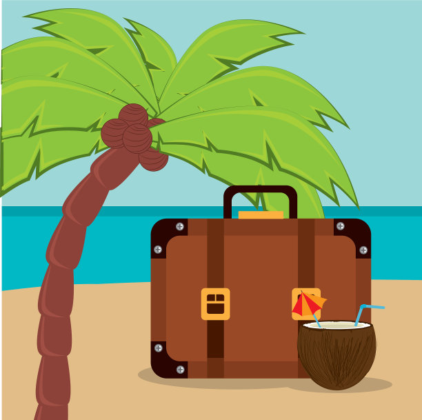 海滩景观手提箱和设置图标图片下载