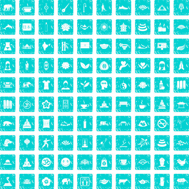 100个瑜伽图标设置grunge蓝色图片下载