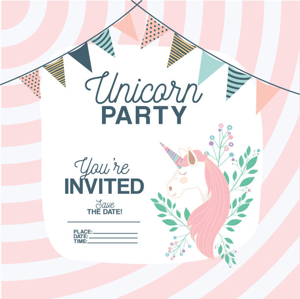带花的独角兽派对请帖图片下载