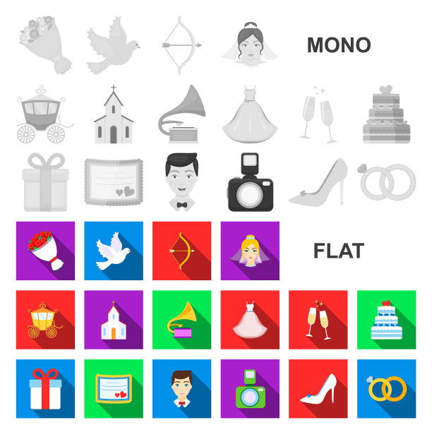 婚礼和属性平面图标设置图片下载