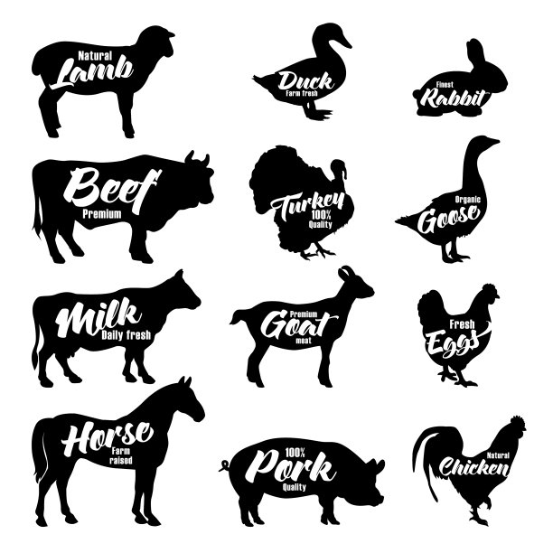 农场动物图标设置屠宰标志和标签图片下载