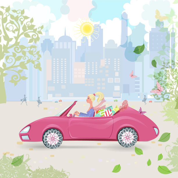 穿着粉色敞篷车，带着购物袋的女人图片下载