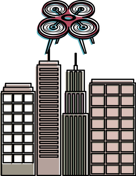 带摄像头的无人机在城市景观上飞行图片下载