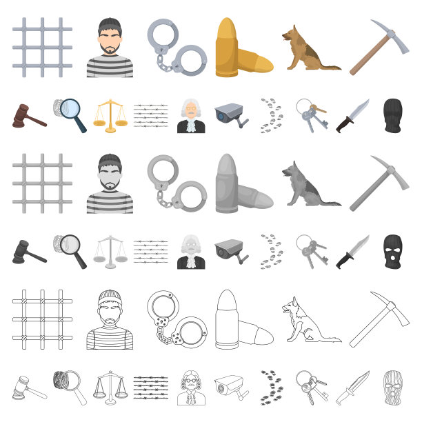 监狱和犯罪卡通图标的设置图片下载