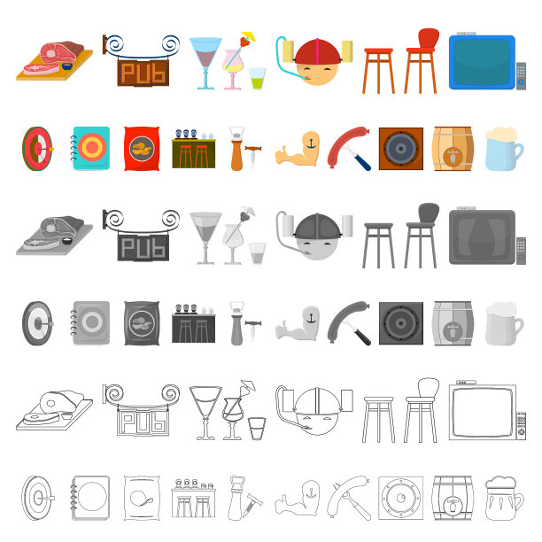 酒吧内部和设备卡通图标设置图片下载