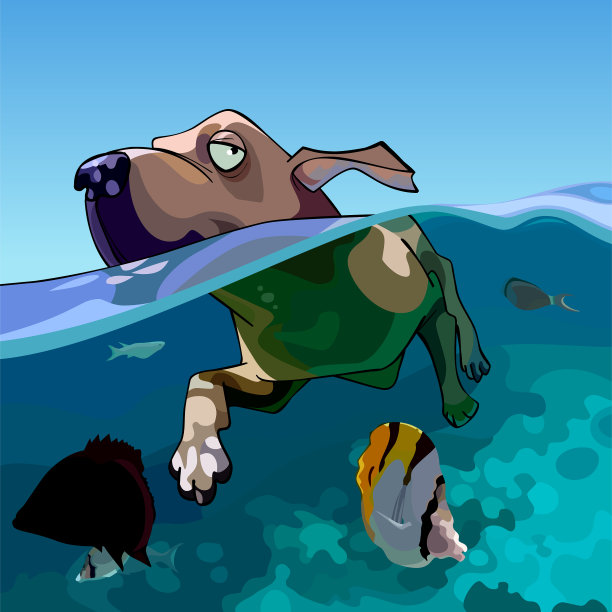 卡通狗和鱼一起在海里游泳图片下载