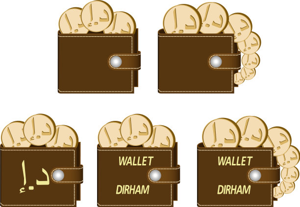 一套装着迪拉姆硬币的棕色钱包图片下载