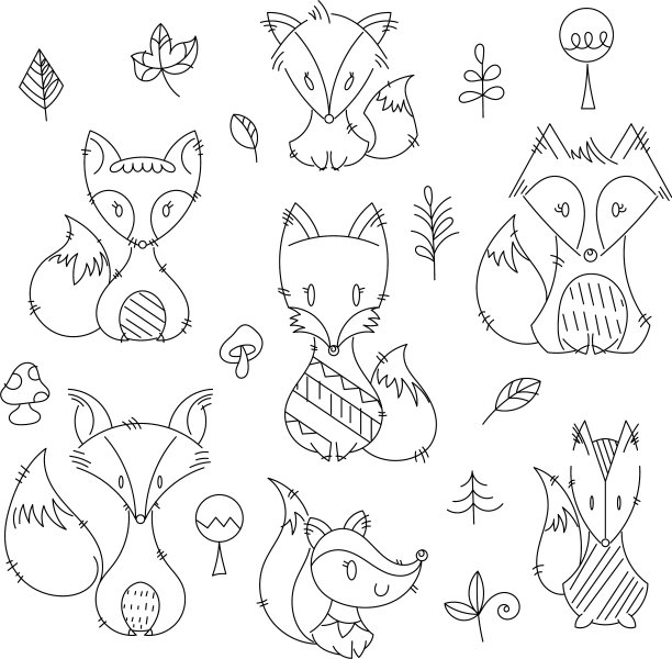 一套可爱的涂鸦狐狸在简单的平面风格图片下载