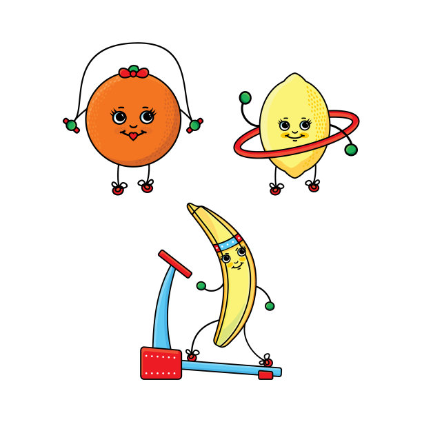 橘子，柠檬和香蕉的角色在做运动图片下载