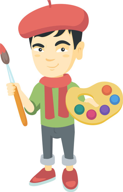 男孩打扮成一个拿着画笔和颜料的艺术家图片下载