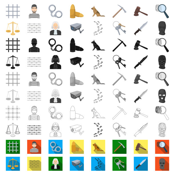 监狱和犯罪卡通图标的设置图片下载