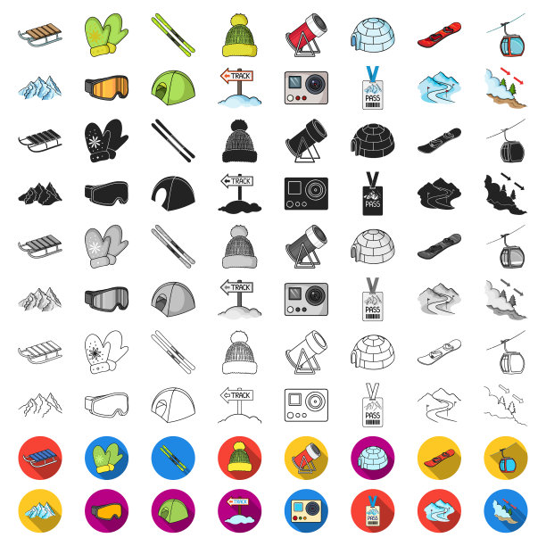 滑雪场和设备卡通图标设置图片下载
