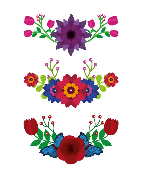 一套不同的花叶子蝴蝶图片下载