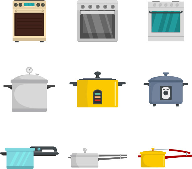 灶具烤箱灶具平底锅燃烧器图标设置平风格图片下载