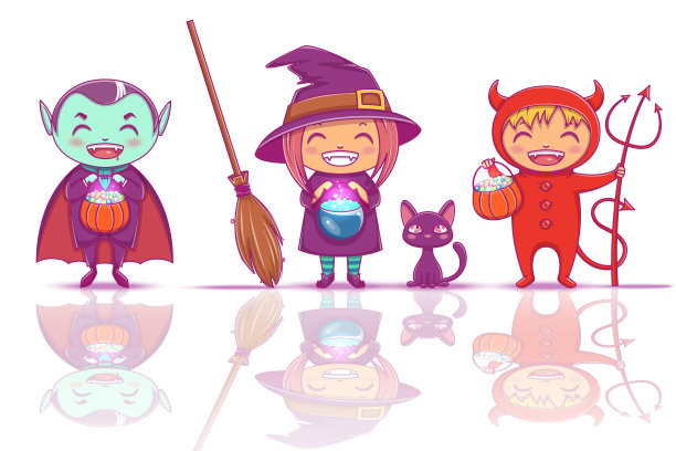 孩子们穿着女巫吸血鬼的万圣节服装图片下载