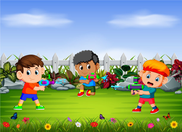 孩子们在院子里玩水球图片下载