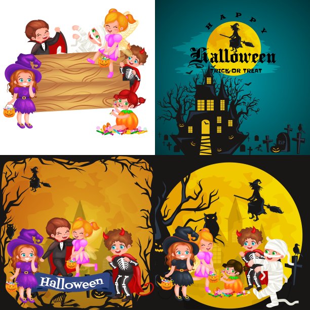 可爱的彩色万圣节的孩子们在服装为派对图片下载