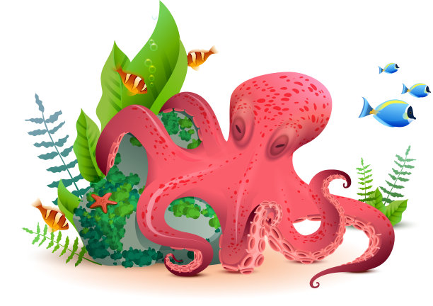 水下世界红色章鱼和彩色鱼类图片下载