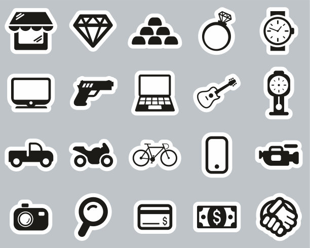 典当行或旧货店图标黑白贴纸集大图片下载