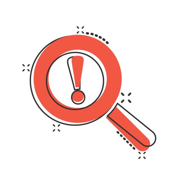 漫画风格的风险分析图标。感叹号放大镜卡通矢量插图上白色孤立的背景。关注飞溅效应的经营理念。图片下载