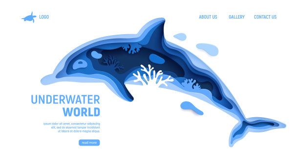 水下世界页面模板与海豚剪影。纸艺术海洋背景与海豚，海浪和珊瑚礁。剪纸矢量插图图片下载