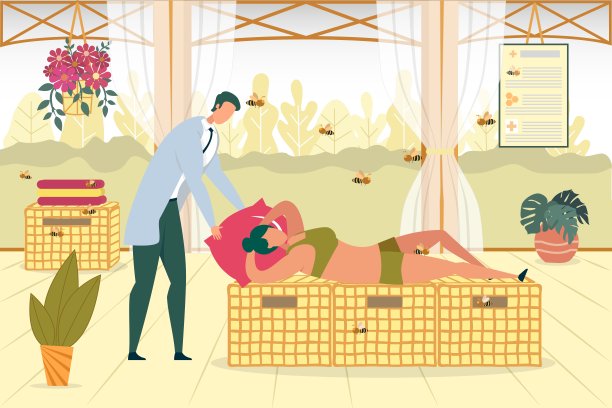 女病人躺在蜂箱上接受蜜蜂治疗。图片下载