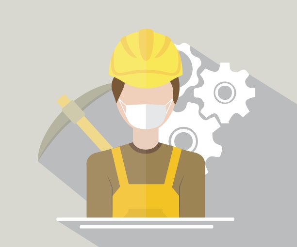 平向量的男性符号与头盔在他的头上。齿轮和挖掘设备平面矢量。图片下载