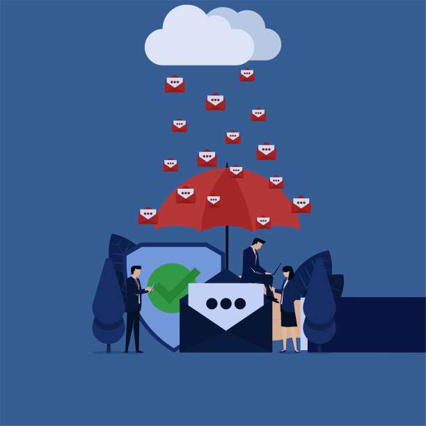 商务手握伞团队工作在笔记本手机下的垃圾邮件从云。素材图片