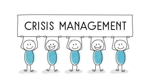 卡通人物举着写有“危机管理”文字的横幅。向量图片下载