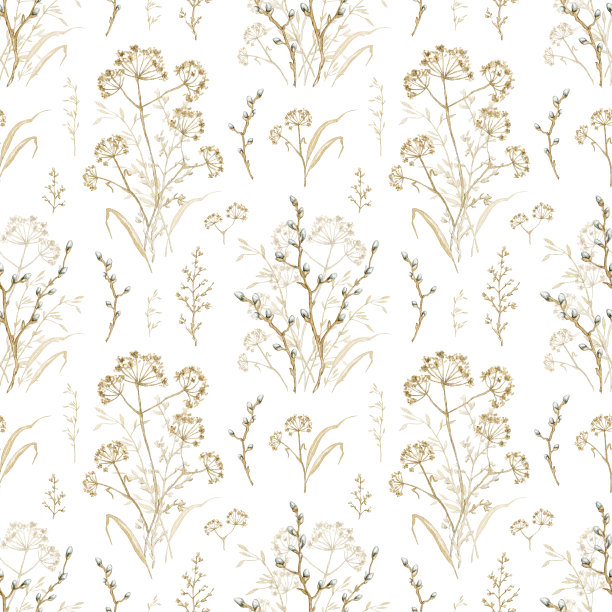 水彩无缝模式与古董花束与干树枝，草图片下载