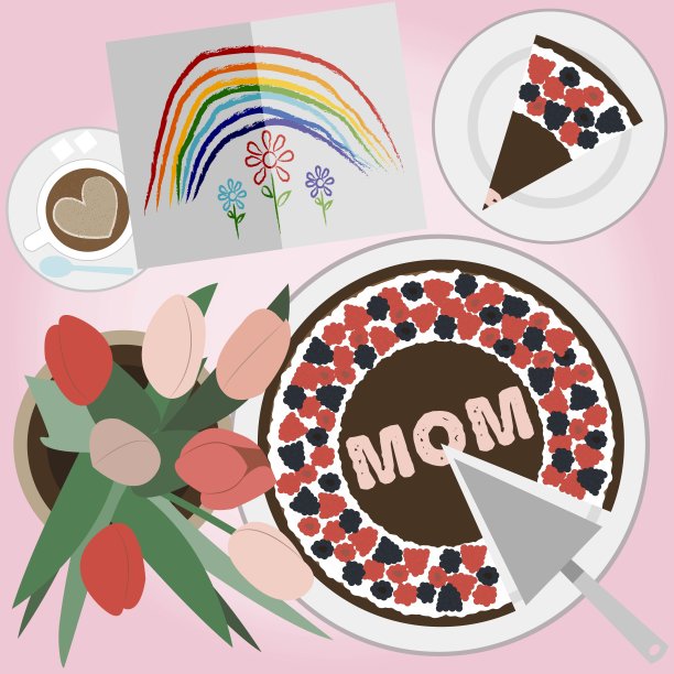 俯视图的节日巧克力蛋糕与浆果母亲节和题词妈妈。早餐桌上放着咖啡，一束红色和粉色的郁金香，还有给妈妈的儿童贺卡。彩虹和鲜花的儿童明信片，用蜡笔画图片下载