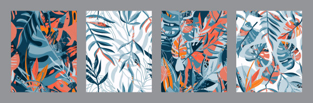 矢量集时尚创意夏日无缝图案与异域风情的热带植物，棕榈叶图片下载