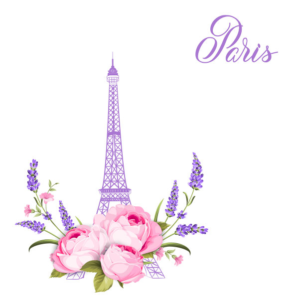 艾菲尔铁塔和薰衣草花孤立图片下载