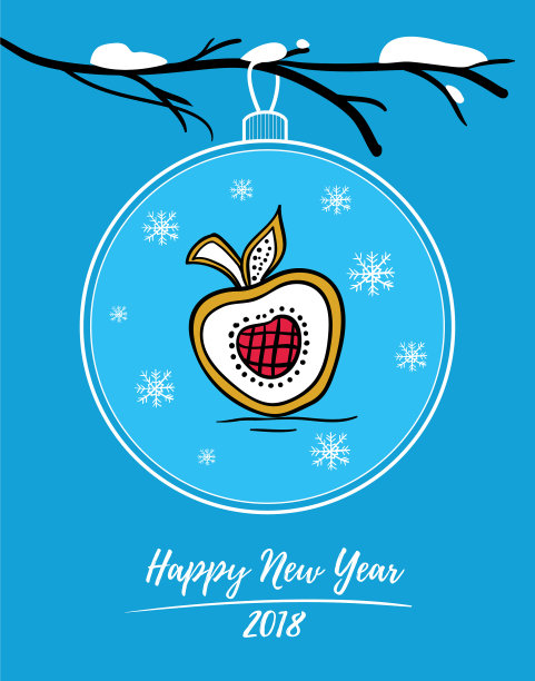 带装饰和苹果的2018年新年贺卡图片下载