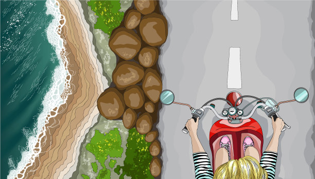 女人在海边骑车环境俯视图图片下载