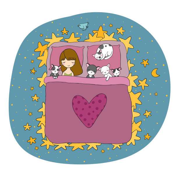 睡觉的女孩和猫在床上晚安图片下载