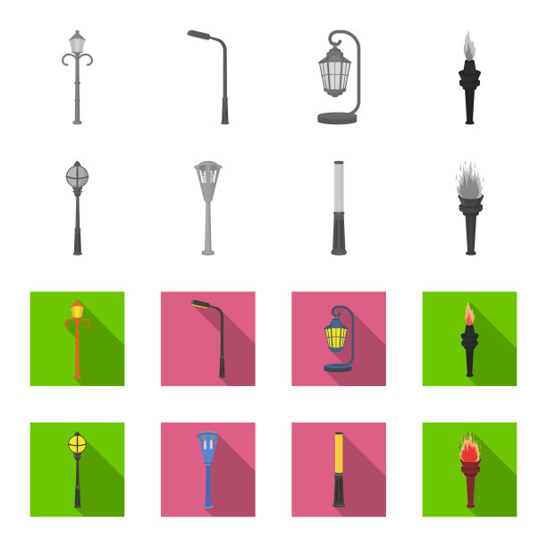 灯柱有复古风格的现代灯笼和火把图片下载