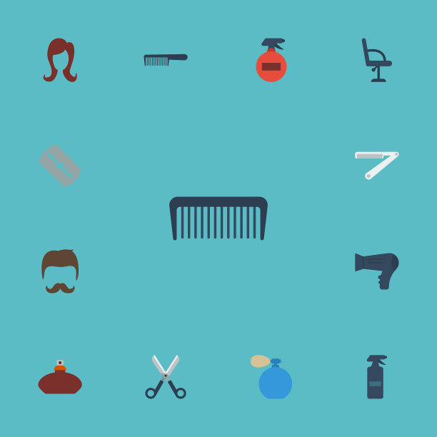 扁平图标，梳子，梳子，吹风机等图片下载