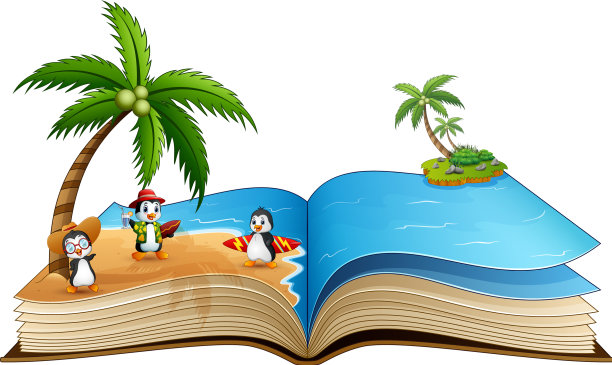 和一群卡通冲浪企鹅一起开卷图片下载