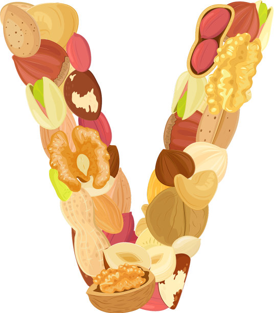 由不同坚果制成的美味字母v图片下载