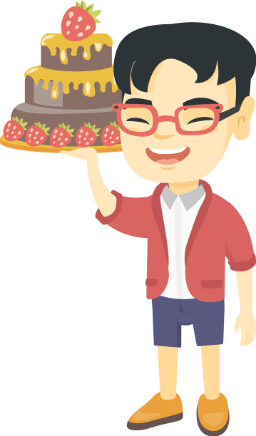 一个亚洲小男孩拿着一块巧克力蛋糕图片下载