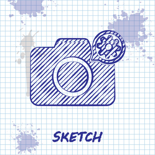素描线照片相机和齿轮图标隔离图片下载