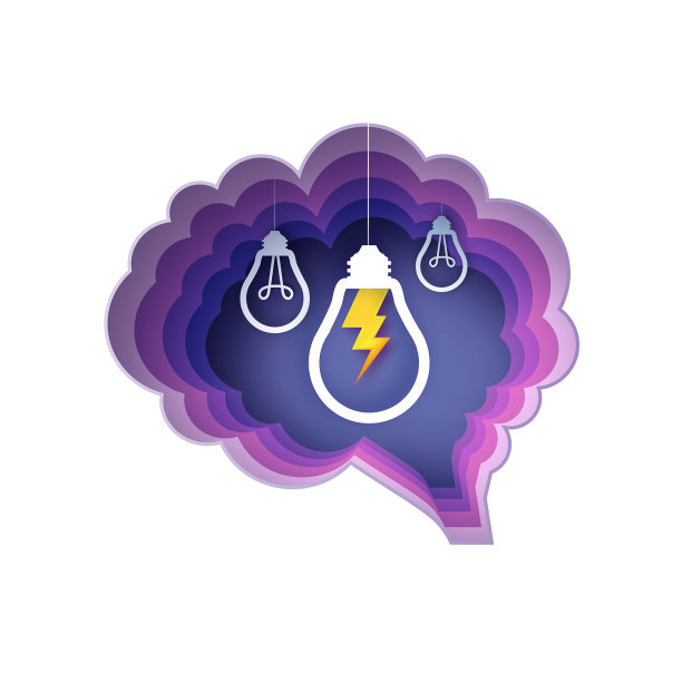 脑和闪电灯灯泡在纸上图片下载