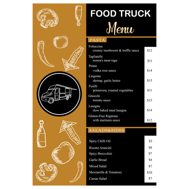 餐车菜单上垂直的金色和黑色图片下载