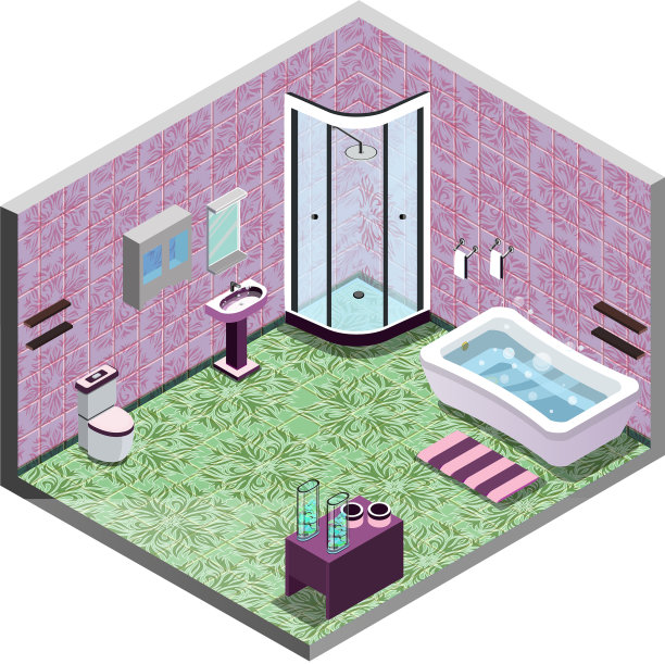 粉色柔和的颜色浴室内等距视图图片下载