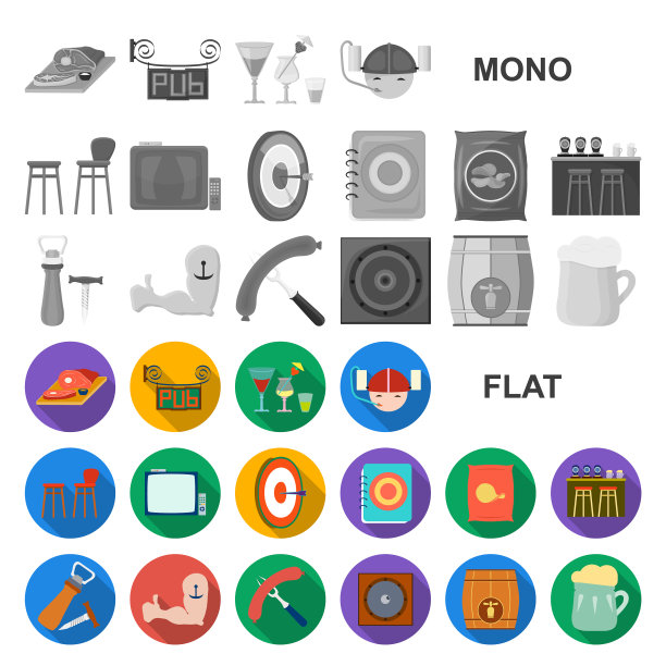 酒吧内部和设备平面图标设置图片下载