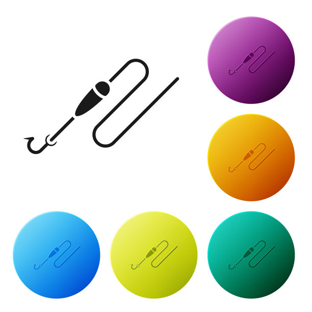 黑色钓鱼线与钩和浮子图标图片下载