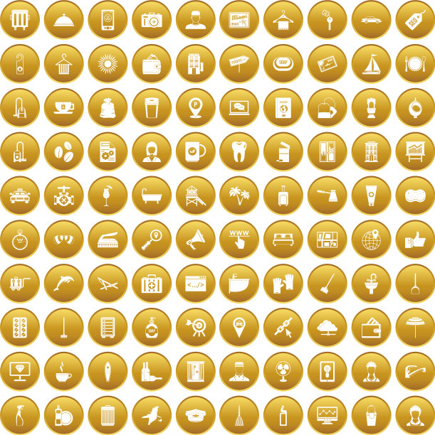 100个酒店服务图标设置黄金图片下载